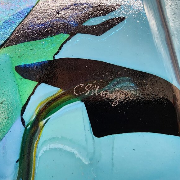 Handmade Fused Glass Plate Iridescent Colorful Frog Leaf Design Christine Moody - Picture 4 of 12